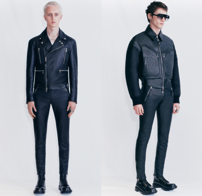 Alexander McQueen 2021 Pre-Fall Autumn Mens Lookbook Presentation - Sarah Burton - Kimono Sleeves Oversized Trench Coat Polyfaille MA1 Bomber Aviator Parka Hybrid Deconstructed Prince of Wales Check Plaid Cropped Blazer Suit Bombercoat Patchwork Tuxedo Cocktail Mullet High-Low Dovetail Hem Drawstring Cinch Motorcycle Biker Rider Jacket Leather Zipper Pockets Slim Leg Peg Trousers Worker Boots