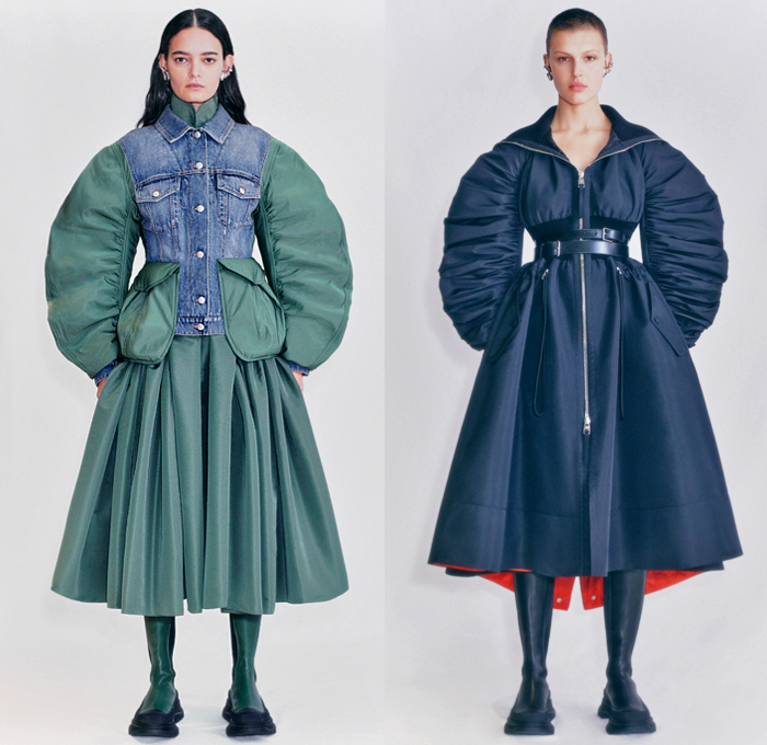 Alexander McQueen 2021 Pre-Fall Autumn Womens Lookbook Presentation - Sculptural Exploded Ruffles Leg O'Mutton Sleeves Poufy Puff Butterfly Shoulders Military Bomber Jacket Hybrid Deconstructed Denim Jeans Pockets Trench Coat Strapless Crop Top Midriff Blazer Patchwork Wool Pantsuit Draped Motorcycle Biker Jacket Vest Blouse Prairie Dress Crystals Gems Embroidery Ribbons Ties Cutout Waist Peplum Wide Leg Polyfaille Full Skirt Loafers Boots Sandals Handbag Tote Jewelled Satchel