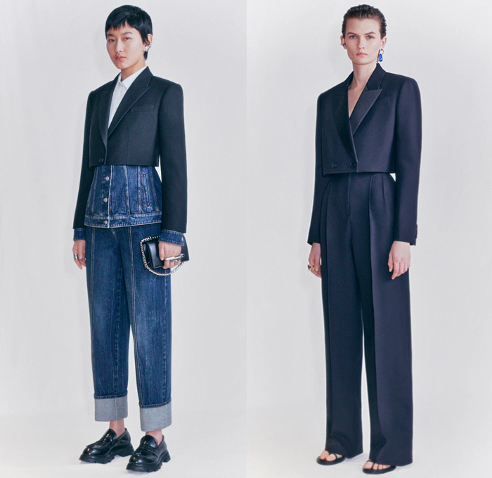 Alexander McQueen 2021 Pre-Fall Autumn Womens Lookbook Presentation - Sculptural Exploded Ruffles Leg O'Mutton Sleeves Poufy Puff Butterfly Shoulders Military Bomber Jacket Hybrid Deconstructed Denim Jeans Pockets Trench Coat Strapless Crop Top Midriff Blazer Patchwork Wool Pantsuit Draped Motorcycle Biker Jacket Vest Blouse Prairie Dress Crystals Gems Embroidery Ribbons Ties Cutout Waist Peplum Wide Leg Polyfaille Full Skirt Loafers Boots Sandals Handbag Tote Jewelled Satchel