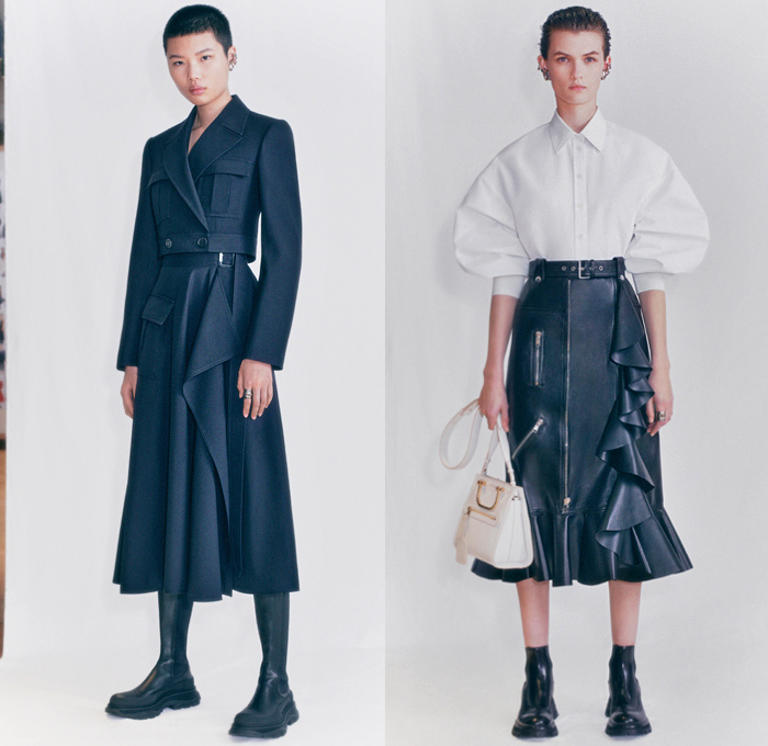 Alexander McQueen 2021 Pre-Fall Autumn Womens Lookbook Presentation - Sculptural Exploded Ruffles Leg O'Mutton Sleeves Poufy Puff Butterfly Shoulders Military Bomber Jacket Hybrid Deconstructed Denim Jeans Pockets Trench Coat Strapless Crop Top Midriff Blazer Patchwork Wool Pantsuit Draped Motorcycle Biker Jacket Vest Blouse Prairie Dress Crystals Gems Embroidery Ribbons Ties Cutout Waist Peplum Wide Leg Polyfaille Full Skirt Loafers Boots Sandals Handbag Tote Jewelled Satchel