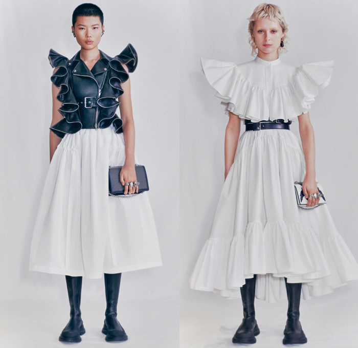 Alexander McQueen 2021 Pre-Fall Autumn Womens Lookbook Presentation - Sculptural Exploded Ruffles Leg O'Mutton Sleeves Poufy Puff Butterfly Shoulders Military Bomber Jacket Hybrid Deconstructed Denim Jeans Pockets Trench Coat Strapless Crop Top Midriff Blazer Patchwork Wool Pantsuit Draped Motorcycle Biker Jacket Vest Blouse Prairie Dress Crystals Gems Embroidery Ribbons Ties Cutout Waist Peplum Wide Leg Polyfaille Full Skirt Loafers Boots Sandals Handbag Tote Jewelled Satchel