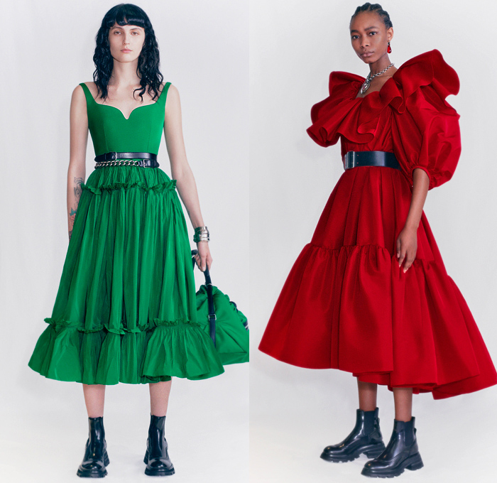 Alexander McQueen 2021 Pre-Fall Autumn Womens Lookbook Presentation - Sculptural Exploded Ruffles Leg O'Mutton Sleeves Poufy Puff Butterfly Shoulders Military Bomber Jacket Hybrid Deconstructed Denim Jeans Pockets Trench Coat Strapless Crop Top Midriff Blazer Patchwork Wool Pantsuit Draped Motorcycle Biker Jacket Vest Blouse Prairie Dress Crystals Gems Embroidery Ribbons Ties Cutout Waist Peplum Wide Leg Polyfaille Full Skirt Loafers Boots Sandals Handbag Tote Jewelled Satchel