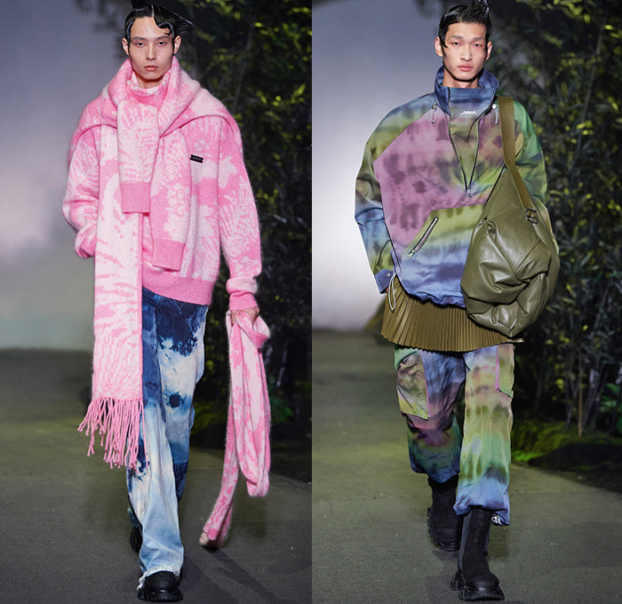 Angel Chen 2021-2022 Fall Autumn Winter Mens Runway Looks Collection - Anna May Wong Daughter of the Dragon - Printed Abstract Acid Wash Retro Stained Paint Drippings Denim Jeans Knit Vest Sweater Scarf Tie-Dye Fringes Anorak Quilted Puffer Coat Parka Accordion Pleats Manskirt Cargo Parachute Pants Utility Pockets Giant Fold Over Roll Up Collar Hoodie Plush Shaggy Fur Gloves Duffel Bag Boots