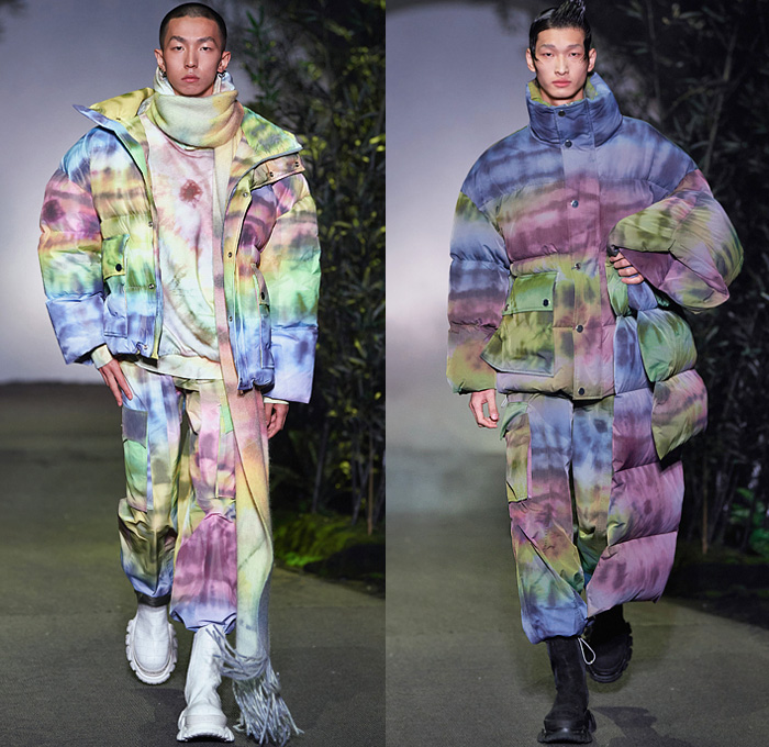 Angel Chen 2021-2022 Fall Autumn Winter Mens Runway Looks Collection - Anna May Wong Daughter of the Dragon - Printed Abstract Acid Wash Retro Stained Paint Drippings Denim Jeans Knit Vest Sweater Scarf Tie-Dye Fringes Anorak Quilted Puffer Coat Parka Accordion Pleats Manskirt Cargo Parachute Pants Utility Pockets Giant Fold Over Roll Up Collar Hoodie Plush Shaggy Fur Gloves Duffel Bag Boots