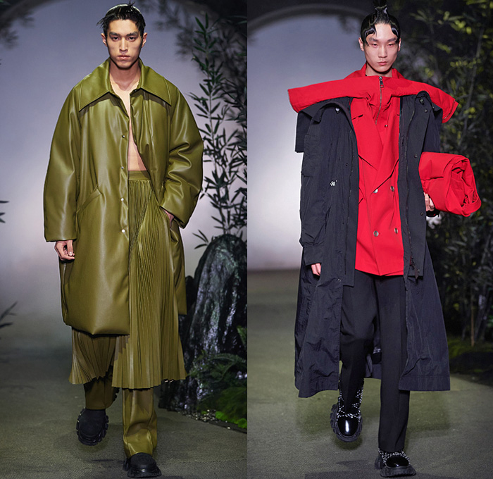 Angel Chen 2021-2022 Fall Autumn Winter Mens Runway Looks Collection - Anna May Wong Daughter of the Dragon - Printed Abstract Acid Wash Retro Stained Paint Drippings Denim Jeans Knit Vest Sweater Scarf Tie-Dye Fringes Anorak Quilted Puffer Coat Parka Accordion Pleats Manskirt Cargo Parachute Pants Utility Pockets Giant Fold Over Roll Up Collar Hoodie Plush Shaggy Fur Gloves Duffel Bag Boots