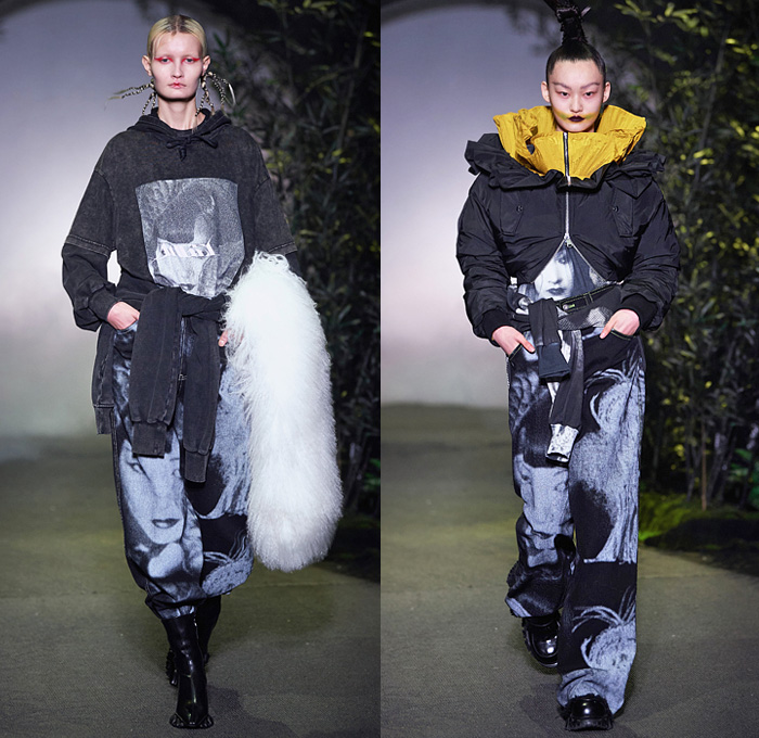 Angel Chen 2021-2022 Fall Autumn Winter Womens Runway Looks Collection - Anna May Wong Daughter of the Dragon - Strapless Blouse Acid Wash Tie-Dye Abstract Quilted Puffer Shawl Coat Parka Sweatshirt Shaggy Fur Ruffled Fold Over Roll Up Collar Funnelneck Anorak Slouchy Printed Denim Jeans Knit Crochet Flowers Floral Embroidery Sweater Pompoms Headwear Hat Pockets Puritan Collar Miniskirt Accordion Pleats Leggings Tights Shorts Tote Bag Boots