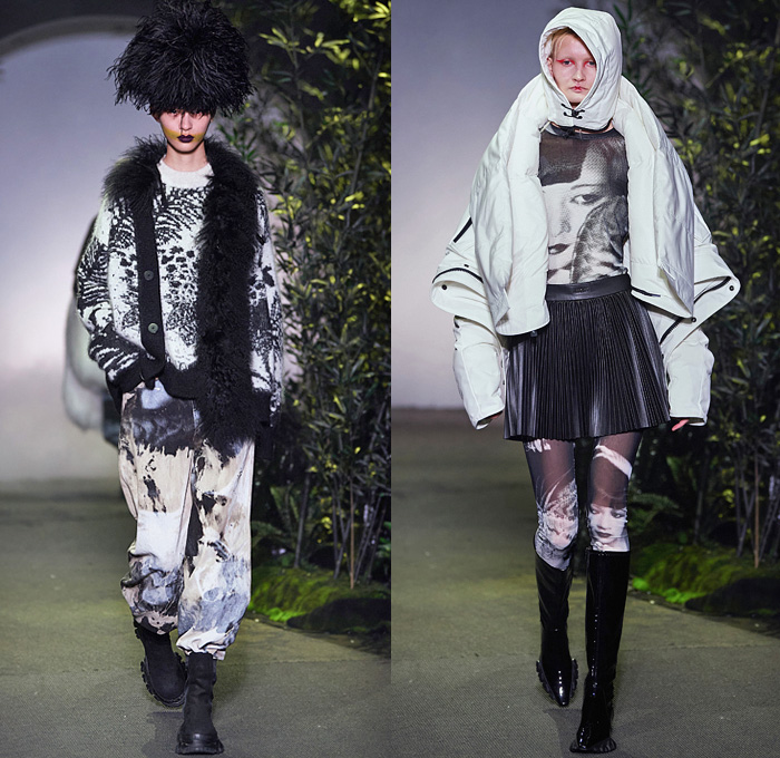 Angel Chen 2021-2022 Fall Autumn Winter Womens Runway Looks Collection - Anna May Wong Daughter of the Dragon - Strapless Blouse Acid Wash Tie-Dye Abstract Quilted Puffer Shawl Coat Parka Sweatshirt Shaggy Fur Ruffled Fold Over Roll Up Collar Funnelneck Anorak Slouchy Printed Denim Jeans Knit Crochet Flowers Floral Embroidery Sweater Pompoms Headwear Hat Pockets Puritan Collar Miniskirt Accordion Pleats Leggings Tights Shorts Tote Bag Boots