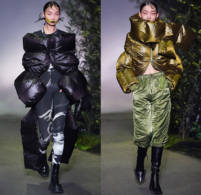 Angel Chen 2021-2022 Fall Autumn Winter Womens Runway Looks Collection - Anna May Wong Daughter of the Dragon - Strapless Blouse Acid Wash Tie-Dye Abstract Quilted Puffer Shawl Coat Parka Sweatshirt Shaggy Fur Ruffled Fold Over Roll Up Collar Funnelneck Anorak Slouchy Printed Denim Jeans Knit Crochet Flowers Floral Embroidery Sweater Pompoms Headwear Hat Pockets Puritan Collar Miniskirt Accordion Pleats Leggings Tights Shorts Tote Bag Boots
