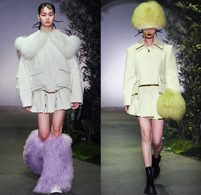 Angel Chen 2021-2022 Fall Autumn Winter Womens Runway Looks Collection - Anna May Wong Daughter of the Dragon - Strapless Blouse Acid Wash Tie-Dye Abstract Quilted Puffer Shawl Coat Parka Sweatshirt Shaggy Fur Ruffled Fold Over Roll Up Collar Funnelneck Anorak Slouchy Printed Denim Jeans Knit Crochet Flowers Floral Embroidery Sweater Pompoms Headwear Hat Pockets Puritan Collar Miniskirt Accordion Pleats Leggings Tights Shorts Tote Bag Boots