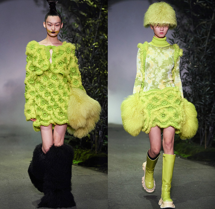 Angel Chen 2021-2022 Fall Autumn Winter Womens Runway Looks Collection - Anna May Wong Daughter of the Dragon - Strapless Blouse Acid Wash Tie-Dye Abstract Quilted Puffer Shawl Coat Parka Sweatshirt Shaggy Fur Ruffled Fold Over Roll Up Collar Funnelneck Anorak Slouchy Printed Denim Jeans Knit Crochet Flowers Floral Embroidery Sweater Pompoms Headwear Hat Pockets Puritan Collar Miniskirt Accordion Pleats Leggings Tights Shorts Tote Bag Boots