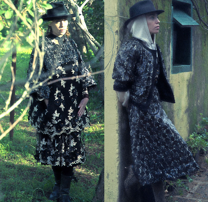 Antonio Marras 2021 Pre-Fall Autumn Womens Lookbook Presentation - Campagna in Inverno Sardinia Lurex Brocade Jacquard Lace Embroidery Macramé Knit Weave Sweater Patchwork Flowers Floral Parka Bedazzled Sequins Cheetah Leopard Wide Brim Hat Handbag Plaid Check Poncho Blanket Coat Ruffles Polka Dots Decorative Art Wool Tweed Pussycat Bow Blazer Accordion Pleats Tiara Headband Cargo Pants Utility Pockets Circle Poodle Skirt Rain Boots Galoshes