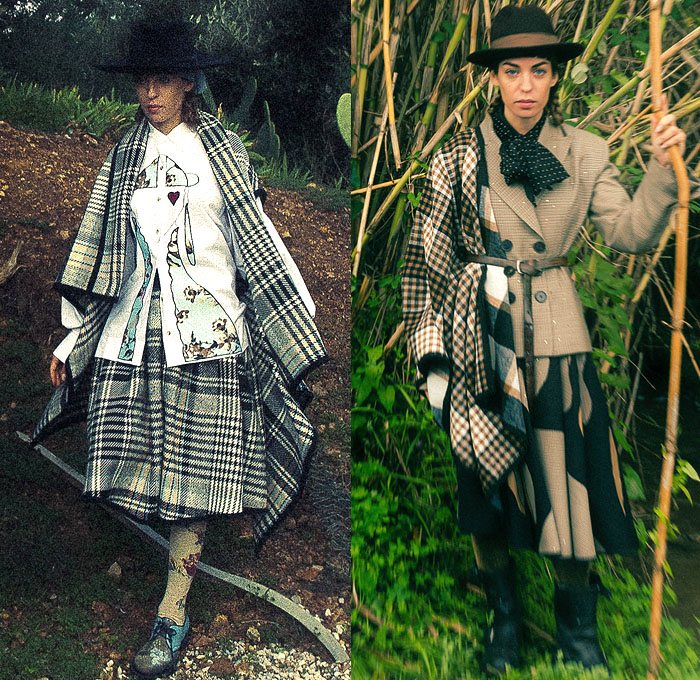 Antonio Marras 2021 Pre-Fall Autumn Womens Lookbook Presentation - Campagna in Inverno Sardinia Lurex Brocade Jacquard Lace Embroidery Macramé Knit Weave Sweater Patchwork Flowers Floral Parka Bedazzled Sequins Cheetah Leopard Wide Brim Hat Handbag Plaid Check Poncho Blanket Coat Ruffles Polka Dots Decorative Art Wool Tweed Pussycat Bow Blazer Accordion Pleats Tiara Headband Cargo Pants Utility Pockets Circle Poodle Skirt Rain Boots Galoshes