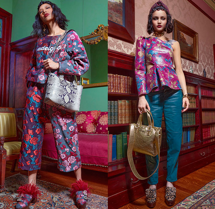 Autumn Adeigbo 2021-2022 Fall Autumn Winter Womens Lookbook Presentation - African Heritage Flowers Floral Italian Jacquard Brocade Geometric Knit Cardigan Hotpants Crop Top Midriff Tights Stockings Headband Plaid Check Tartan Blazer Coat Pantsuit Sweater One Shoulder Asymmetrical Top Cutout Waist Blouse Tied Twist Wide Leg Flare Pants Poufy Shoulders Puff Sleeves Prairie Babydoll Dress Paisley Velvet Cinch Stripes Tiered Peplum Zebra Ruffles Snakeskin Handbag Shaggy Fur Leopard Clogs