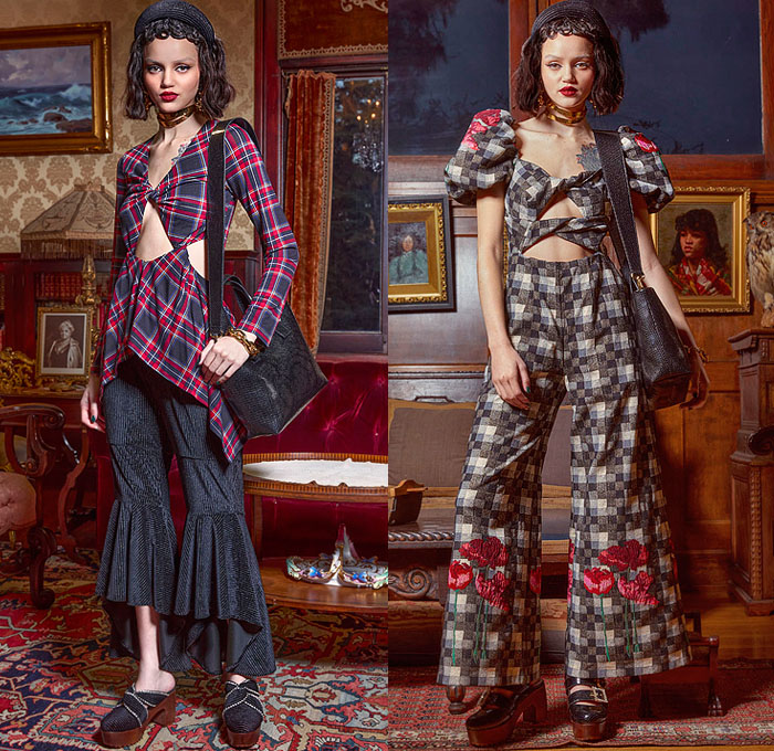 Autumn Adeigbo 2021-2022 Fall Autumn Winter Womens Lookbook Presentation - African Heritage Flowers Floral Italian Jacquard Brocade Geometric Knit Cardigan Hotpants Crop Top Midriff Tights Stockings Headband Plaid Check Tartan Blazer Coat Pantsuit Sweater One Shoulder Asymmetrical Top Cutout Waist Blouse Tied Twist Wide Leg Flare Pants Poufy Shoulders Puff Sleeves Prairie Babydoll Dress Paisley Velvet Cinch Stripes Tiered Peplum Zebra Ruffles Snakeskin Handbag Shaggy Fur Leopard Clogs