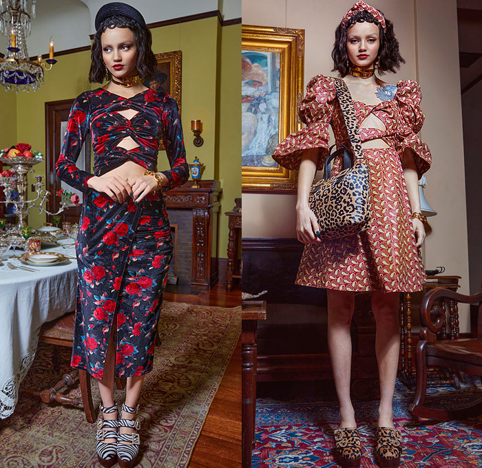 Autumn Adeigbo 2021-2022 Fall Autumn Winter Womens Lookbook Presentation - African Heritage Flowers Floral Italian Jacquard Brocade Geometric Knit Cardigan Hotpants Crop Top Midriff Tights Stockings Headband Plaid Check Tartan Blazer Coat Pantsuit Sweater One Shoulder Asymmetrical Top Cutout Waist Blouse Tied Twist Wide Leg Flare Pants Poufy Shoulders Puff Sleeves Prairie Babydoll Dress Paisley Velvet Cinch Stripes Tiered Peplum Zebra Ruffles Snakeskin Handbag Shaggy Fur Leopard Clogs