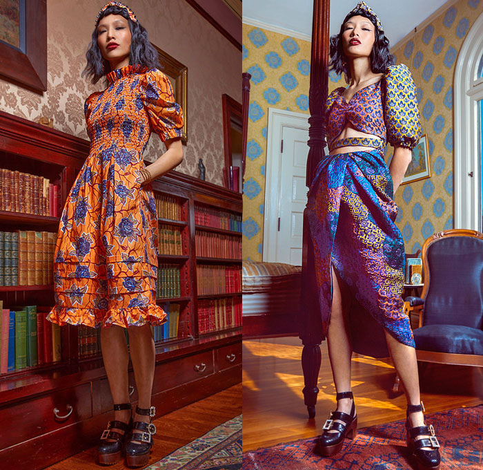 Autumn Adeigbo 2021-2022 Fall Autumn Winter Womens Lookbook Presentation - African Heritage Flowers Floral Italian Jacquard Brocade Geometric Knit Cardigan Hotpants Crop Top Midriff Tights Stockings Headband Plaid Check Tartan Blazer Coat Pantsuit Sweater One Shoulder Asymmetrical Top Cutout Waist Blouse Tied Twist Wide Leg Flare Pants Poufy Shoulders Puff Sleeves Prairie Babydoll Dress Paisley Velvet Cinch Stripes Tiered Peplum Zebra Ruffles Snakeskin Handbag Shaggy Fur Leopard Clogs