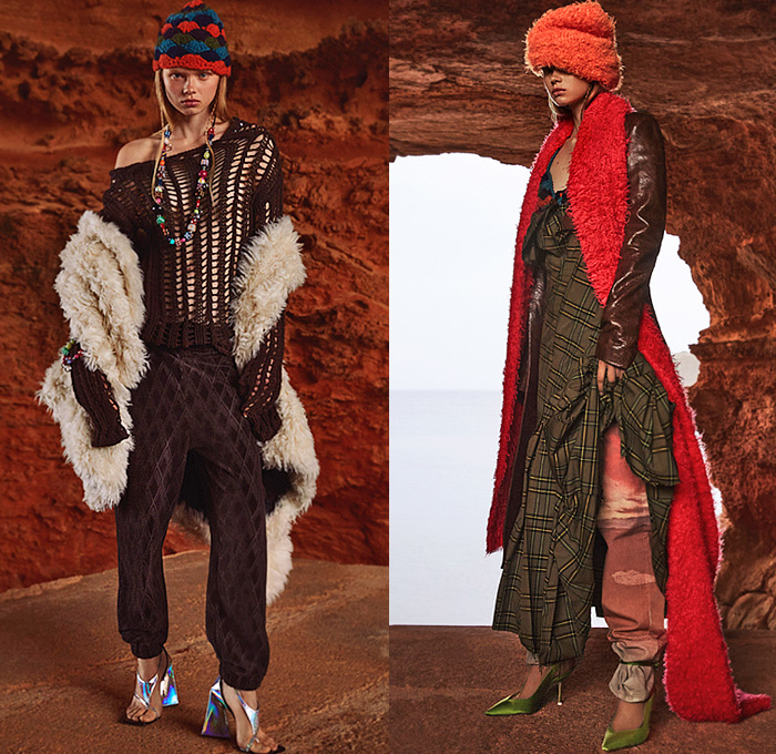 The Attico 2021-2022 Fall Autumn Winter Womens Lookbook Presentation - Come As You Are Ibiza Caves Knit Crochet Mesh Weave Grunge Marbled Coat Scarf Shawl Pantsuit Blazer Fur Sweater Plaid Check Flowers Floral Strapless Zebra Velvet Crop Top Midriff Swimwear Bikini One Shoulder Bedazzled Sequins Miniskirt Handkerchief Hem Skirt Party Dress Draped Tied Knot Metallic Honeycomb Shirtdress Utility Pockets Cargo Pants Fishnet Stockings Tights Beads Sandals Boots Feathers Crown