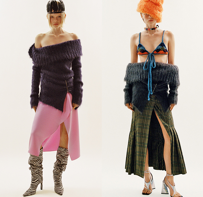 The Attico 2021-2022 Fall Autumn Winter Womens Lookbook Presentation - Come As You Are Ibiza Caves Knit Crochet Mesh Weave Grunge Marbled Coat Scarf Shawl Pantsuit Blazer Fur Sweater Plaid Check Flowers Floral Strapless Zebra Velvet Crop Top Midriff Swimwear Bikini One Shoulder Bedazzled Sequins Miniskirt Handkerchief Hem Skirt Party Dress Draped Tied Knot Metallic Honeycomb Shirtdress Utility Pockets Cargo Pants Fishnet Stockings Tights Beads Sandals Boots Feathers Crown