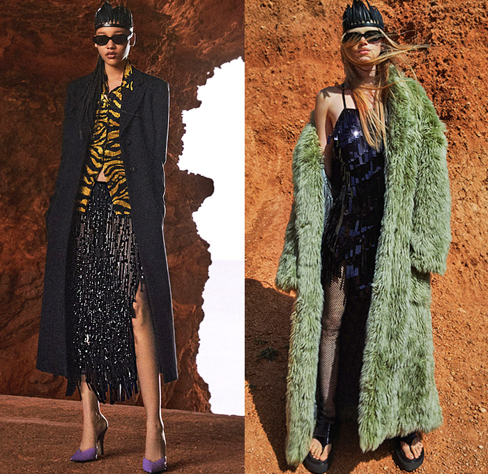 The Attico 2021-2022 Fall Autumn Winter Womens Lookbook Presentation - Come As You Are Ibiza Caves Knit Crochet Mesh Weave Grunge Marbled Coat Scarf Shawl Pantsuit Blazer Fur Sweater Plaid Check Flowers Floral Strapless Zebra Velvet Crop Top Midriff Swimwear Bikini One Shoulder Bedazzled Sequins Miniskirt Handkerchief Hem Skirt Party Dress Draped Tied Knot Metallic Honeycomb Shirtdress Utility Pockets Cargo Pants Fishnet Stockings Tights Beads Sandals Boots Feathers Crown