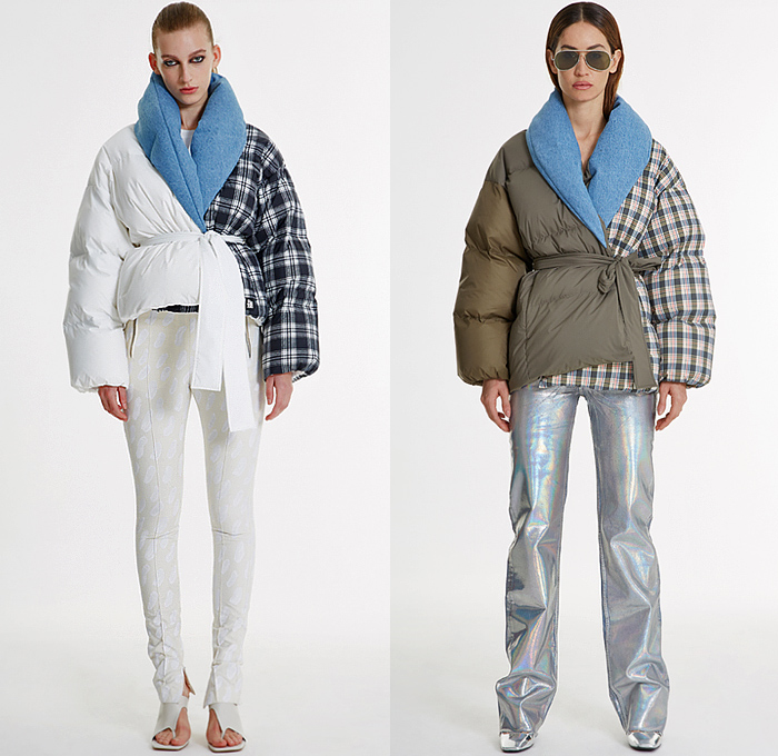 Bacon Clothing 2021-2022 Fall Autumn Winter Womens Lookbook Presentation - Milano Moda Donna Milan Fashion Week Italy - Quilted Puffer Coat Hoodie Jacket Tabard Crop Top Midriff Patchwork Plaid Check Paisley Pailettes Hooks Shirtdress Strings Blouse Ombré Layers Knit Stirrup Camouflage Pencil Skirt Fringes Frayed Skinny Metallic Painted Denim Jeans Fishnet Stockings Leggings Tights Cuffs Hotpants Belt Bag PVC Vinyl Flowers Floral Handbag Tote Fur Hat Ushanka Split Toe Snakeskin Boots