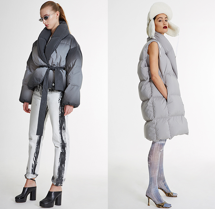 Bacon Clothing 2021-2022 Fall Autumn Winter Womens Lookbook Presentation - Milano Moda Donna Milan Fashion Week Italy - Quilted Puffer Coat Hoodie Jacket Tabard Crop Top Midriff Patchwork Plaid Check Paisley Pailettes Hooks Shirtdress Strings Blouse Ombré Layers Knit Stirrup Camouflage Pencil Skirt Fringes Frayed Skinny Metallic Painted Denim Jeans Fishnet Stockings Leggings Tights Cuffs Hotpants Belt Bag PVC Vinyl Flowers Floral Handbag Tote Fur Hat Ushanka Split Toe Snakeskin Boots