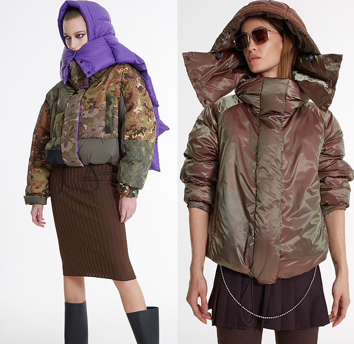 Bacon Clothing 2021-2022 Fall Autumn Winter Womens Lookbook Presentation - Milano Moda Donna Milan Fashion Week Italy - Quilted Puffer Coat Hoodie Jacket Tabard Crop Top Midriff Patchwork Plaid Check Paisley Pailettes Hooks Shirtdress Strings Blouse Ombré Layers Knit Stirrup Camouflage Pencil Skirt Fringes Frayed Skinny Metallic Painted Denim Jeans Fishnet Stockings Leggings Tights Cuffs Hotpants Belt Bag PVC Vinyl Flowers Floral Handbag Tote Fur Hat Ushanka Split Toe Snakeskin Boots