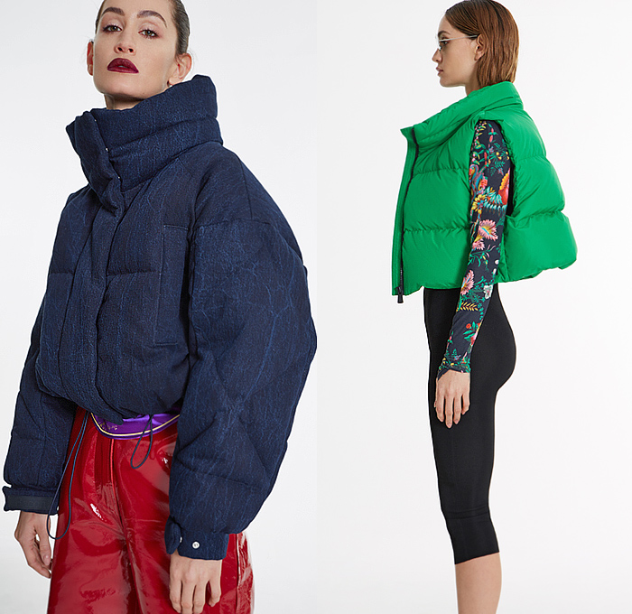 Bacon Clothing 2021-2022 Fall Autumn Winter Womens Lookbook Presentation - Milano Moda Donna Milan Fashion Week Italy - Quilted Puffer Coat Hoodie Jacket Tabard Crop Top Midriff Patchwork Plaid Check Paisley Pailettes Hooks Shirtdress Strings Blouse Ombré Layers Knit Stirrup Camouflage Pencil Skirt Fringes Frayed Skinny Metallic Painted Denim Jeans Fishnet Stockings Leggings Tights Cuffs Hotpants Belt Bag PVC Vinyl Flowers Floral Handbag Tote Fur Hat Ushanka Split Toe Snakeskin Boots