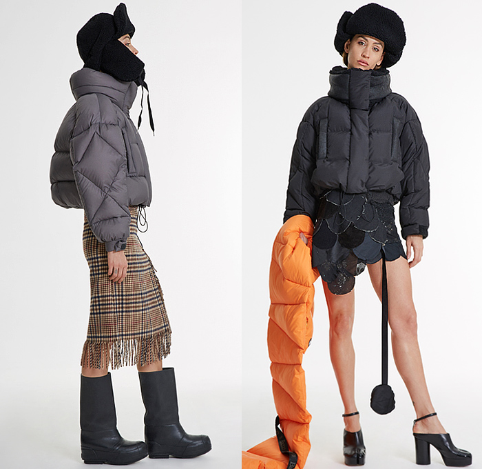 Bacon Clothing 2021-2022 Fall Autumn Winter Womens Lookbook Presentation - Milano Moda Donna Milan Fashion Week Italy - Quilted Puffer Coat Hoodie Jacket Tabard Crop Top Midriff Patchwork Plaid Check Paisley Pailettes Hooks Shirtdress Strings Blouse Ombré Layers Knit Stirrup Camouflage Pencil Skirt Fringes Frayed Skinny Metallic Painted Denim Jeans Fishnet Stockings Leggings Tights Cuffs Hotpants Belt Bag PVC Vinyl Flowers Floral Handbag Tote Fur Hat Ushanka Split Toe Snakeskin Boots