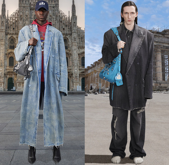 Balenciaga 2021 Pre-Fall Autumn Mens Lookbook Presentation Demna Gvasalia - Oversized Trench Coat Robe Shawl Denim Jeans Baseball Cap Sweatshirt Hoodie Frayed Raw Hem Destroyed Blazer Slouchy Wide Leg Baggy Loose Cargo Pants Utility Pockets Knit Sweater Camouflage Fleece Plush Lanyard Patchwork Fair Isle Trackwear Handbag Tote Boots Five Fingers Shoes