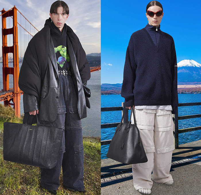 Balenciaga 2021 Pre-Fall Autumn Mens Lookbook Presentation Demna Gvasalia - Oversized Trench Coat Robe Shawl Denim Jeans Baseball Cap Sweatshirt Hoodie Frayed Raw Hem Destroyed Blazer Slouchy Wide Leg Baggy Loose Cargo Pants Utility Pockets Knit Sweater Camouflage Fleece Plush Lanyard Patchwork Fair Isle Trackwear Handbag Tote Boots Five Fingers Shoes