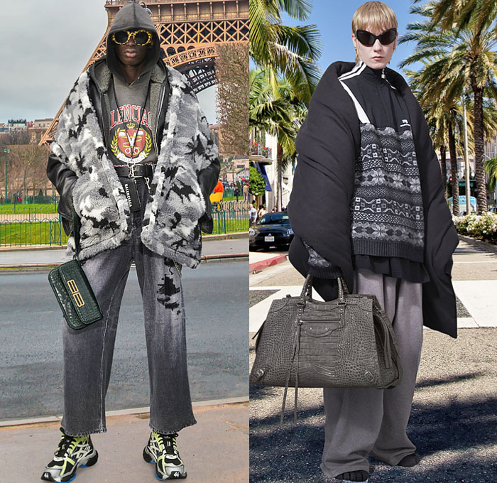 Balenciaga 2021 Pre-Fall Autumn Mens Lookbook Presentation Demna Gvasalia - Oversized Trench Coat Robe Shawl Denim Jeans Baseball Cap Sweatshirt Hoodie Frayed Raw Hem Destroyed Blazer Slouchy Wide Leg Baggy Loose Cargo Pants Utility Pockets Knit Sweater Camouflage Fleece Plush Lanyard Patchwork Fair Isle Trackwear Handbag Tote Boots Five Fingers Shoes