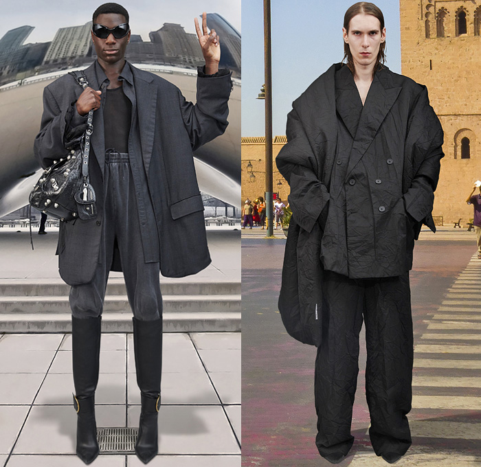 Balenciaga 2021 Pre-Fall Autumn Mens Lookbook Presentation Demna Gvasalia - Oversized Trench Coat Robe Shawl Denim Jeans Baseball Cap Sweatshirt Hoodie Frayed Raw Hem Destroyed Blazer Slouchy Wide Leg Baggy Loose Cargo Pants Utility Pockets Knit Sweater Camouflage Fleece Plush Lanyard Patchwork Fair Isle Trackwear Handbag Tote Boots Five Fingers Shoes