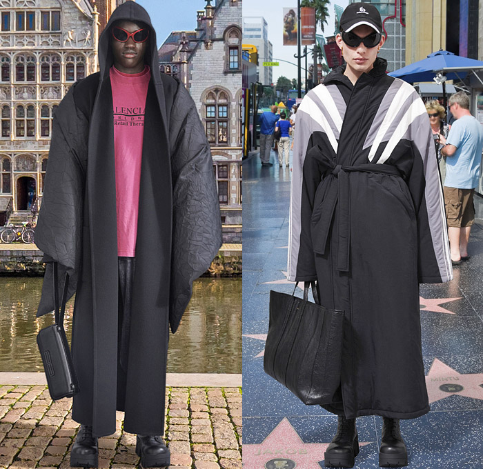 Balenciaga 2021 Pre-Fall Autumn Mens Lookbook Presentation Demna Gvasalia - Oversized Trench Coat Robe Shawl Denim Jeans Baseball Cap Sweatshirt Hoodie Frayed Raw Hem Destroyed Blazer Slouchy Wide Leg Baggy Loose Cargo Pants Utility Pockets Knit Sweater Camouflage Fleece Plush Lanyard Patchwork Fair Isle Trackwear Handbag Tote Boots Five Fingers Shoes