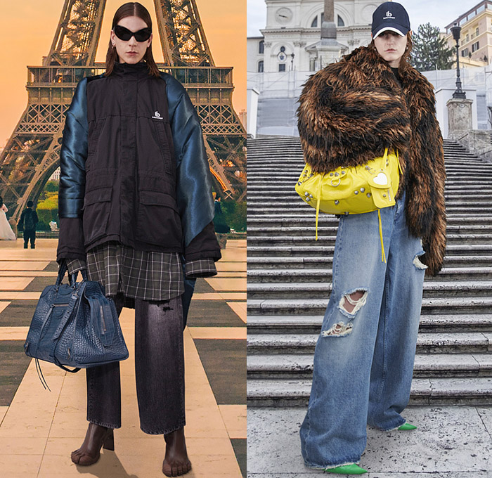 Balenciaga 2021 Pre-Fall Autumn Womens Lookbook Presentation Demna Gvasalia - Trench Coat Robe Anorak Cargo Utility Pockets Plaid Check Destroyed Patchwork Jacketdress Denim Jeans Wide Leg Furry Shaggy Baseball Cap Prairie Damsel Peasant Dress Flowers Floral Ruffles Frills Poufy Shoulders Puff Sleeves Polka Dots Bedazzled Beads Embroidery Hoodie Sweatshirt Knit Wrap Tied Leggings Tights Pleats Quilted Puffer Lace Sheer Tulle Basket Handbag Five Fingers Boots Sunglasses