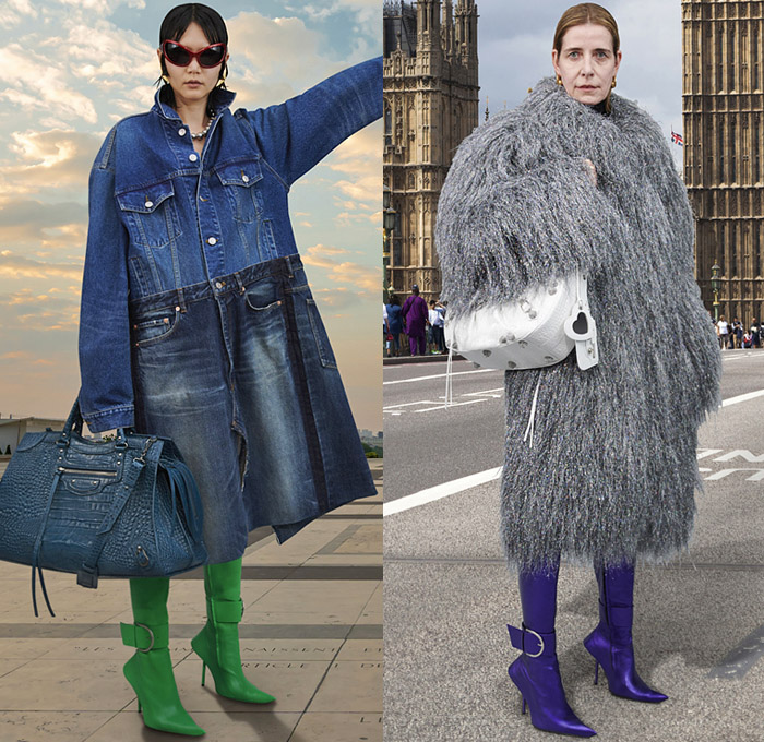 Balenciaga 2021 Pre-Fall Autumn Womens Lookbook Presentation Demna Gvasalia - Trench Coat Robe Anorak Cargo Utility Pockets Plaid Check Destroyed Patchwork Jacketdress Denim Jeans Wide Leg Furry Shaggy Baseball Cap Prairie Damsel Peasant Dress Flowers Floral Ruffles Frills Poufy Shoulders Puff Sleeves Polka Dots Bedazzled Beads Embroidery Hoodie Sweatshirt Knit Wrap Tied Leggings Tights Pleats Quilted Puffer Lace Sheer Tulle Basket Handbag Five Fingers Boots Sunglasses