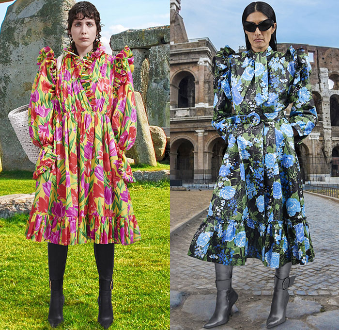 Balenciaga 2021 Pre-Fall Autumn Womens Lookbook Presentation Demna Gvasalia - Trench Coat Robe Anorak Cargo Utility Pockets Plaid Check Destroyed Patchwork Jacketdress Denim Jeans Wide Leg Furry Shaggy Baseball Cap Prairie Damsel Peasant Dress Flowers Floral Ruffles Frills Poufy Shoulders Puff Sleeves Polka Dots Bedazzled Beads Embroidery Hoodie Sweatshirt Knit Wrap Tied Leggings Tights Pleats Quilted Puffer Lace Sheer Tulle Basket Handbag Five Fingers Boots Sunglasses