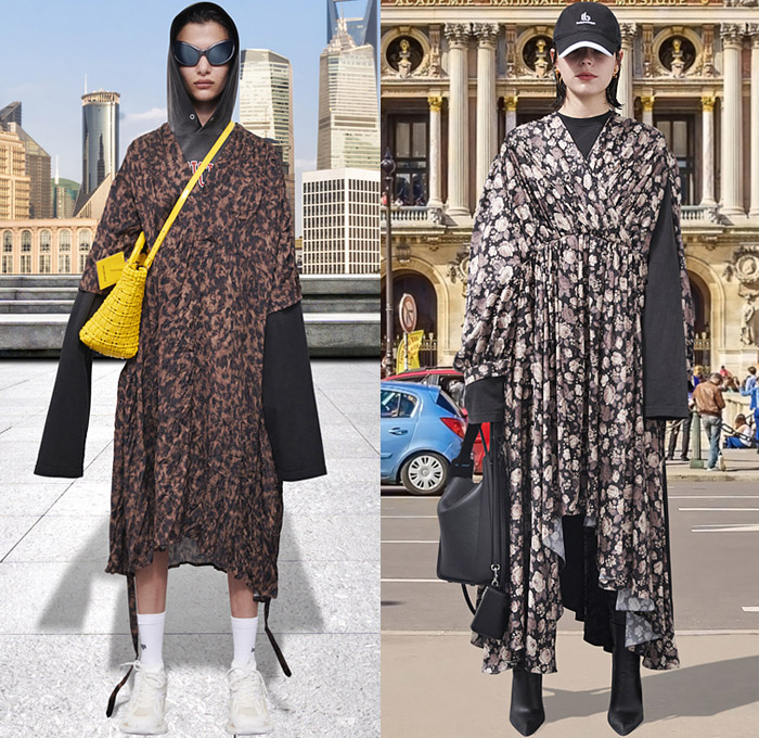 Balenciaga 2021 Pre-Fall Autumn Womens Lookbook Presentation Demna Gvasalia - Trench Coat Robe Anorak Cargo Utility Pockets Plaid Check Destroyed Patchwork Jacketdress Denim Jeans Wide Leg Furry Shaggy Baseball Cap Prairie Damsel Peasant Dress Flowers Floral Ruffles Frills Poufy Shoulders Puff Sleeves Polka Dots Bedazzled Beads Embroidery Hoodie Sweatshirt Knit Wrap Tied Leggings Tights Pleats Quilted Puffer Lace Sheer Tulle Basket Handbag Five Fingers Boots Sunglasses