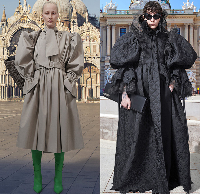 Balenciaga 2021 Pre-Fall Autumn Womens Lookbook Presentation Demna Gvasalia - Trench Coat Robe Anorak Cargo Utility Pockets Plaid Check Destroyed Patchwork Jacketdress Denim Jeans Wide Leg Furry Shaggy Baseball Cap Prairie Damsel Peasant Dress Flowers Floral Ruffles Frills Poufy Shoulders Puff Sleeves Polka Dots Bedazzled Beads Embroidery Hoodie Sweatshirt Knit Wrap Tied Leggings Tights Pleats Quilted Puffer Lace Sheer Tulle Basket Handbag Five Fingers Boots Sunglasses