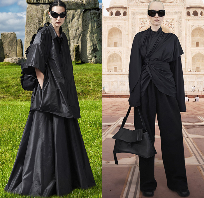 Balenciaga 2021 Pre-Fall Autumn Womens Lookbook Presentation Demna Gvasalia - Trench Coat Robe Anorak Cargo Utility Pockets Plaid Check Destroyed Patchwork Jacketdress Denim Jeans Wide Leg Furry Shaggy Baseball Cap Prairie Damsel Peasant Dress Flowers Floral Ruffles Frills Poufy Shoulders Puff Sleeves Polka Dots Bedazzled Beads Embroidery Hoodie Sweatshirt Knit Wrap Tied Leggings Tights Pleats Quilted Puffer Lace Sheer Tulle Basket Handbag Five Fingers Boots Sunglasses