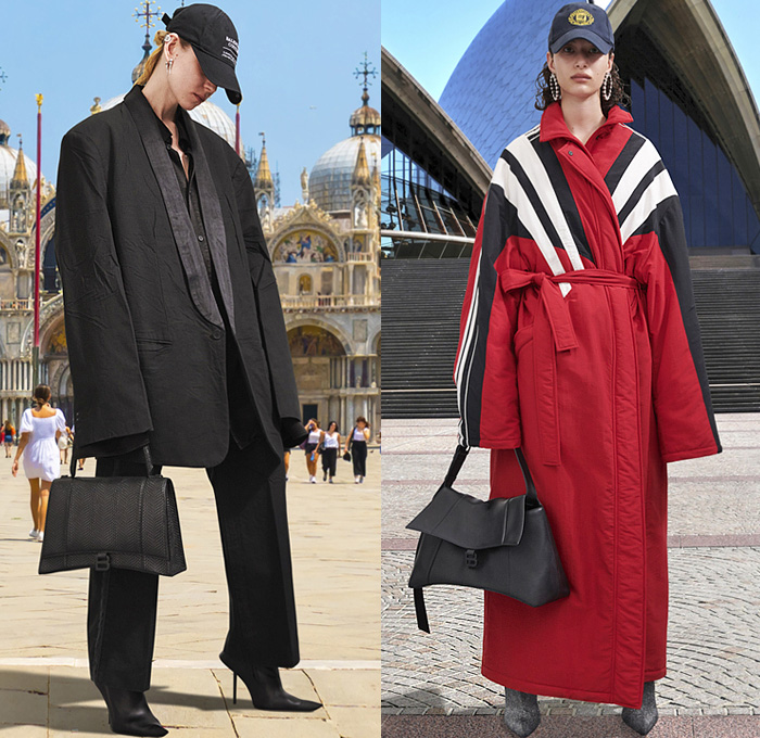 Balenciaga 2021 Pre-Fall Autumn Womens Lookbook Presentation Demna Gvasalia - Trench Coat Robe Anorak Cargo Utility Pockets Plaid Check Destroyed Patchwork Jacketdress Denim Jeans Wide Leg Furry Shaggy Baseball Cap Prairie Damsel Peasant Dress Flowers Floral Ruffles Frills Poufy Shoulders Puff Sleeves Polka Dots Bedazzled Beads Embroidery Hoodie Sweatshirt Knit Wrap Tied Leggings Tights Pleats Quilted Puffer Lace Sheer Tulle Basket Handbag Five Fingers Boots Sunglasses