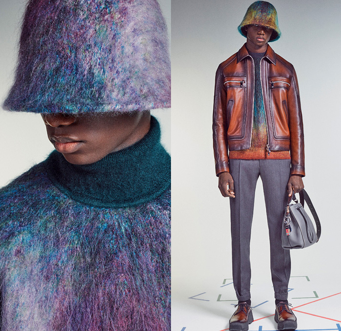 Berluti 2021-2022 Fall Autumn Winter Mens Lookbook Presentation - Living Apart Together Lev Khesin Paintings Color Abstract Gradient Artworks Stripes Flower Pot Bucket Hat Felt Wool Knit Basket Weave Mesh Turtleneck Sweater Patina Leather Bomber Jacket Plaid Check Coat Blazer Coat Quilted Puffer Shirt Suit Slouchy Pants Handbag Tote Sunglasses