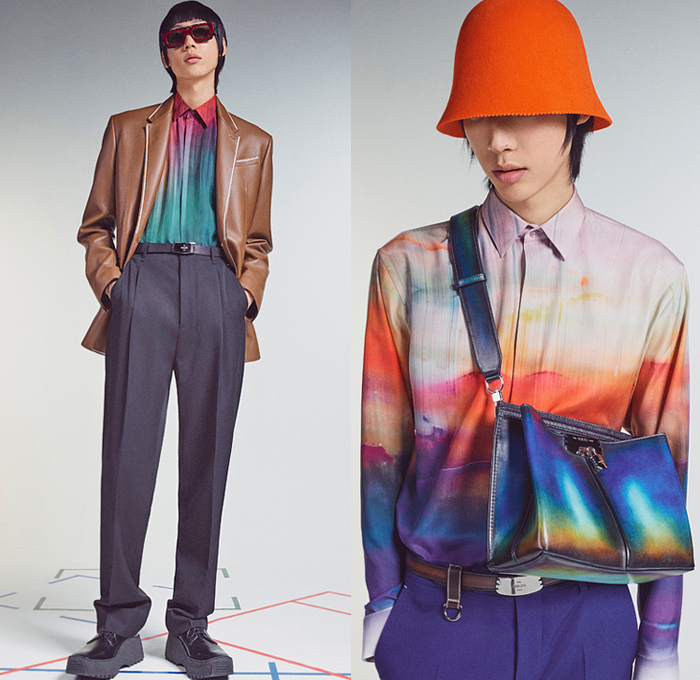 Berluti 2021-2022 Fall Autumn Winter Mens Lookbook Presentation - Living Apart Together Lev Khesin Paintings Color Abstract Gradient Artworks Stripes Flower Pot Bucket Hat Felt Wool Knit Basket Weave Mesh Turtleneck Sweater Patina Leather Bomber Jacket Plaid Check Coat Blazer Coat Quilted Puffer Shirt Suit Slouchy Pants Handbag Tote Sunglasses