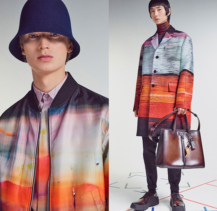 Berluti 2021-2022 Fall Autumn Winter Mens Lookbook Presentation - Living Apart Together Lev Khesin Paintings Color Abstract Gradient Artworks Stripes Flower Pot Bucket Hat Felt Wool Knit Basket Weave Mesh Turtleneck Sweater Patina Leather Bomber Jacket Plaid Check Coat Blazer Coat Quilted Puffer Shirt Suit Slouchy Pants Handbag Tote Sunglasses