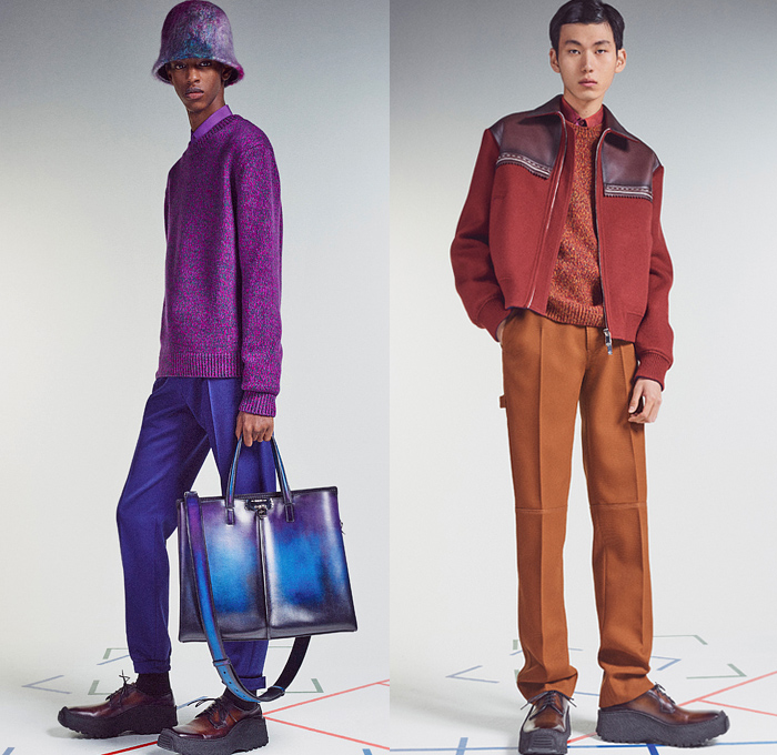 Berluti 2021-2022 Fall Autumn Winter Mens Lookbook Presentation - Living Apart Together Lev Khesin Paintings Color Abstract Gradient Artworks Stripes Flower Pot Bucket Hat Felt Wool Knit Basket Weave Mesh Turtleneck Sweater Patina Leather Bomber Jacket Plaid Check Coat Blazer Coat Quilted Puffer Shirt Suit Slouchy Pants Handbag Tote Sunglasses