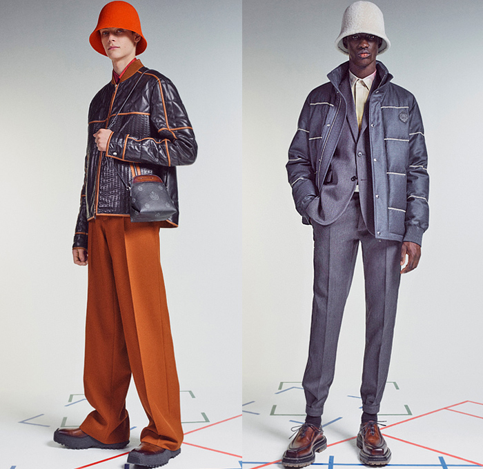Berluti 2021-2022 Fall Autumn Winter Mens Lookbook Presentation - Living Apart Together Lev Khesin Paintings Color Abstract Gradient Artworks Stripes Flower Pot Bucket Hat Felt Wool Knit Basket Weave Mesh Turtleneck Sweater Patina Leather Bomber Jacket Plaid Check Coat Blazer Coat Quilted Puffer Shirt Suit Slouchy Pants Handbag Tote Sunglasses