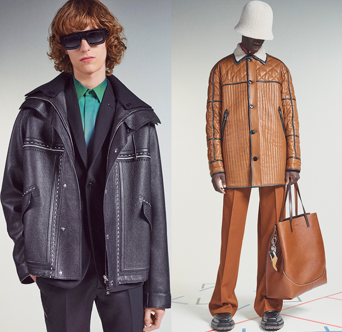 Berluti 2021-2022 Fall Autumn Winter Mens Lookbook Presentation - Living Apart Together Lev Khesin Paintings Color Abstract Gradient Artworks Stripes Flower Pot Bucket Hat Felt Wool Knit Basket Weave Mesh Turtleneck Sweater Patina Leather Bomber Jacket Plaid Check Coat Blazer Coat Quilted Puffer Shirt Suit Slouchy Pants Handbag Tote Sunglasses