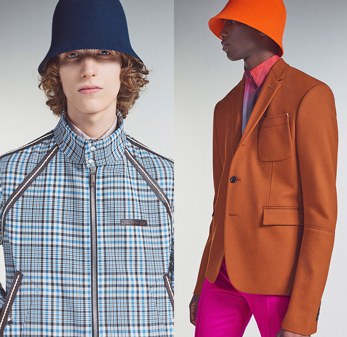 Berluti 2021-2022 Fall Autumn Winter Mens Lookbook Presentation - Living Apart Together Lev Khesin Paintings Color Abstract Gradient Artworks Stripes Flower Pot Bucket Hat Felt Wool Knit Basket Weave Mesh Turtleneck Sweater Patina Leather Bomber Jacket Plaid Check Coat Blazer Coat Quilted Puffer Shirt Suit Slouchy Pants Handbag Tote Sunglasses