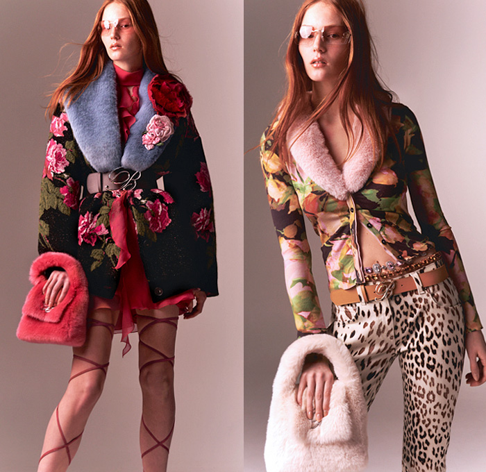 Blumarine 2021 Pre-Fall Autumn Womens Lookbook Presentation - Loungewear Fur Plush Bedazzled Crystals Gems Jewels Pantsuit Blazer Robe Coat Trompe L'oeil Flowers Floral Ruffles Knit Weave Cardigan Sweater Blouse Bird Feathers Plumage Sheer Chiffon Crop Top Midriff Leopard Jeans Flare Shorts Pencil Skirt Noodle Strap Babydoll Dress Pouch Handbag Gladiator Heels