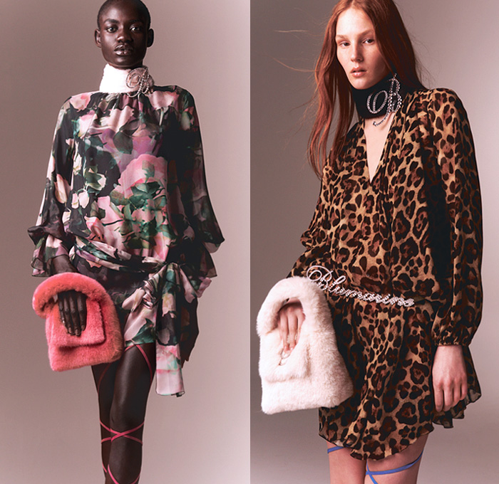 Blumarine 2021 Pre-Fall Autumn Womens Lookbook Presentation - Loungewear Fur Plush Bedazzled Crystals Gems Jewels Pantsuit Blazer Robe Coat Trompe L'oeil Flowers Floral Ruffles Knit Weave Cardigan Sweater Blouse Bird Feathers Plumage Sheer Chiffon Crop Top Midriff Leopard Jeans Flare Shorts Pencil Skirt Noodle Strap Babydoll Dress Pouch Handbag Gladiator Heels