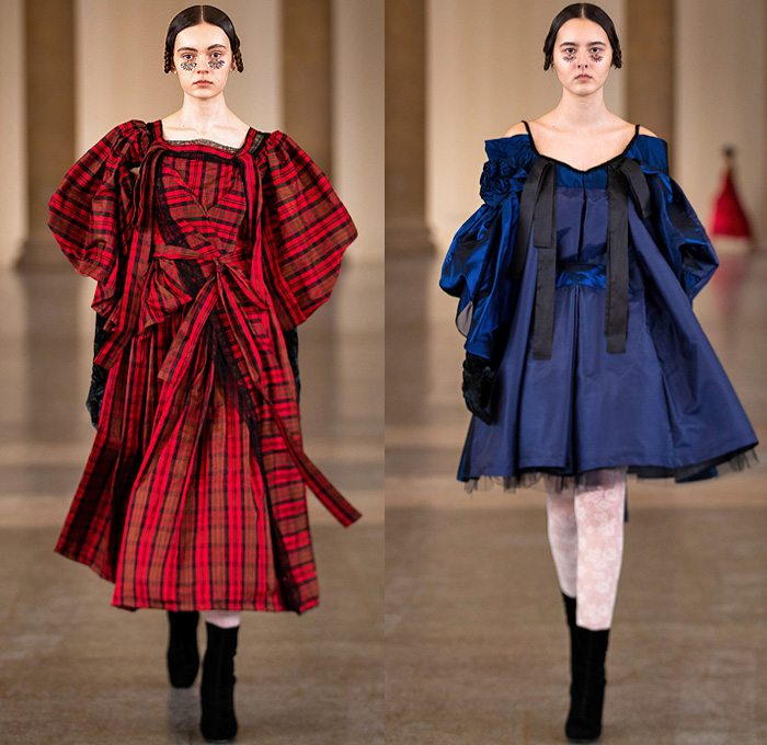 Bora Aksu 2021-2022 Fall Autumn Winter Womens Runway Looks - London Fashion Week Collections UK - French Revolution Sophie Germain - Trench Coat Tiered Ruffles Plaid Check Houndstooth Knit Sweater Eyelets Pantsuit Blazer Jacket Velvet Paisley Sheer Tulle Poufy Shoulders Puff Sleeves Babydoll Prairie Dress Straps Ribbons Flowers Floral Silk Satin Skirt Pussy Bow Zigzag Veil Straw Hat Sash Lace Embroidery Mesh Stockings Tights Noodle Strap Church Gown Gloves Handmaid Hat Boots Handbag